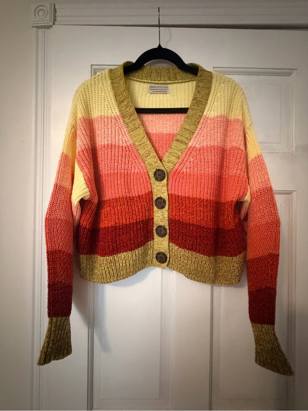Urban Outfitters Striped V-Neck Button Cardigan in Yellow, Pink, Red, and Green